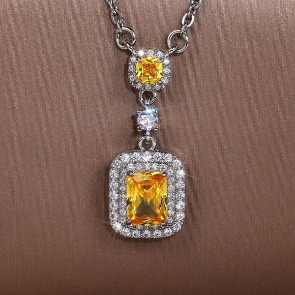 ✨Bling Double Royal Yellow Zircon Silver Plated Necklace for Women, UNVN12412 - Picture 1 of 6
